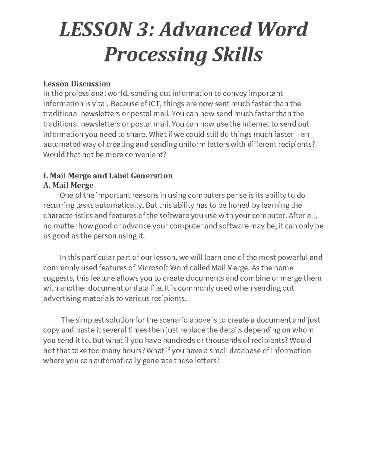 Advanced Word Processing Skills: Lesson 3 Overview and Techniques - Studocu