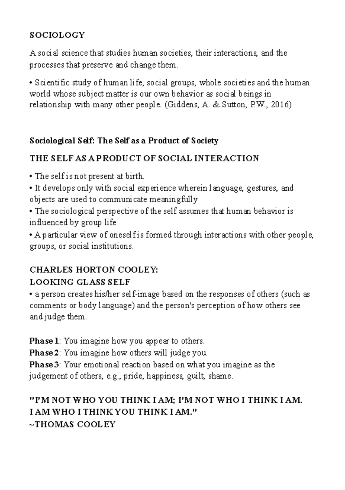 Sociology UTS Notes - Understanding the Self in Society - Studocu