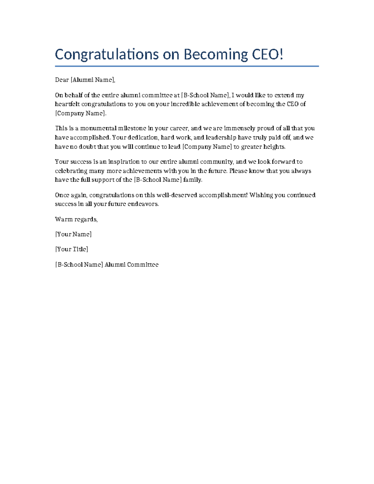 Congratulatory Letter to New CEO from Alumni Committee - Studocu