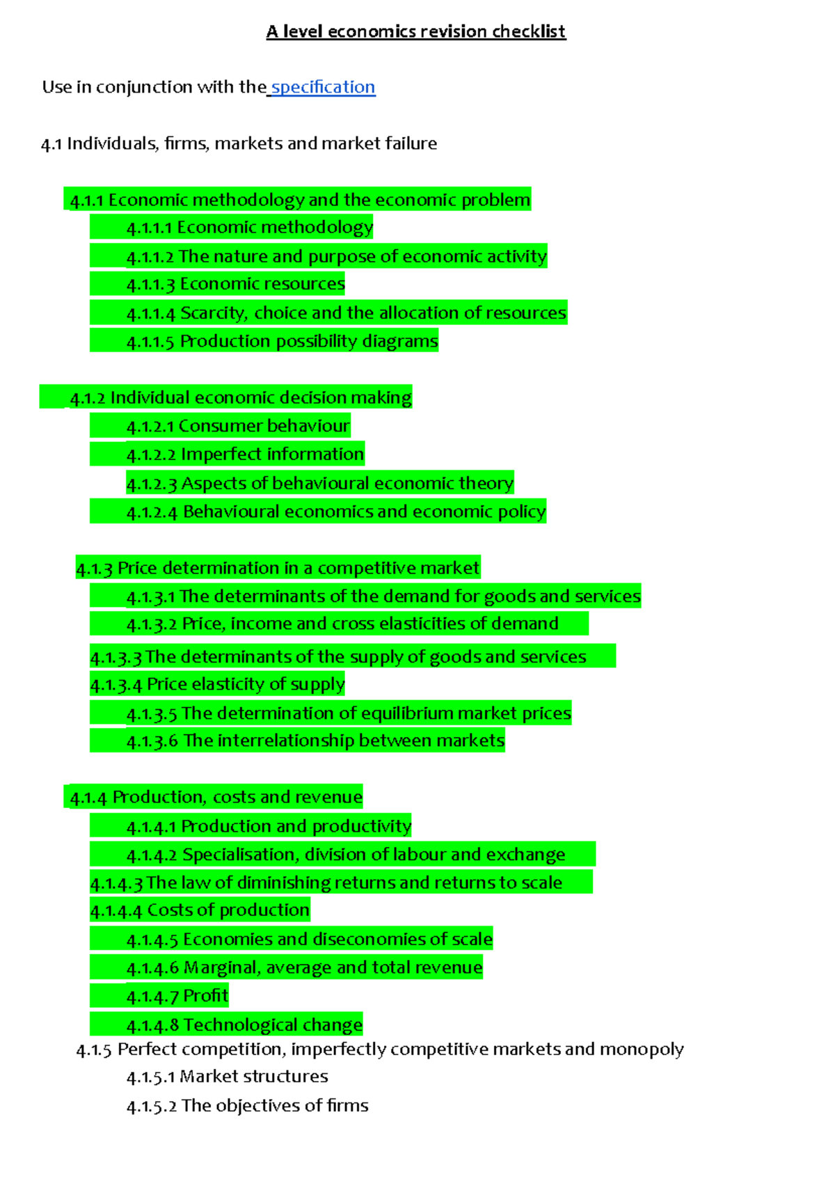 AQA A-Level Economics Revision Checklist: Key Topics & Concepts - Studocu