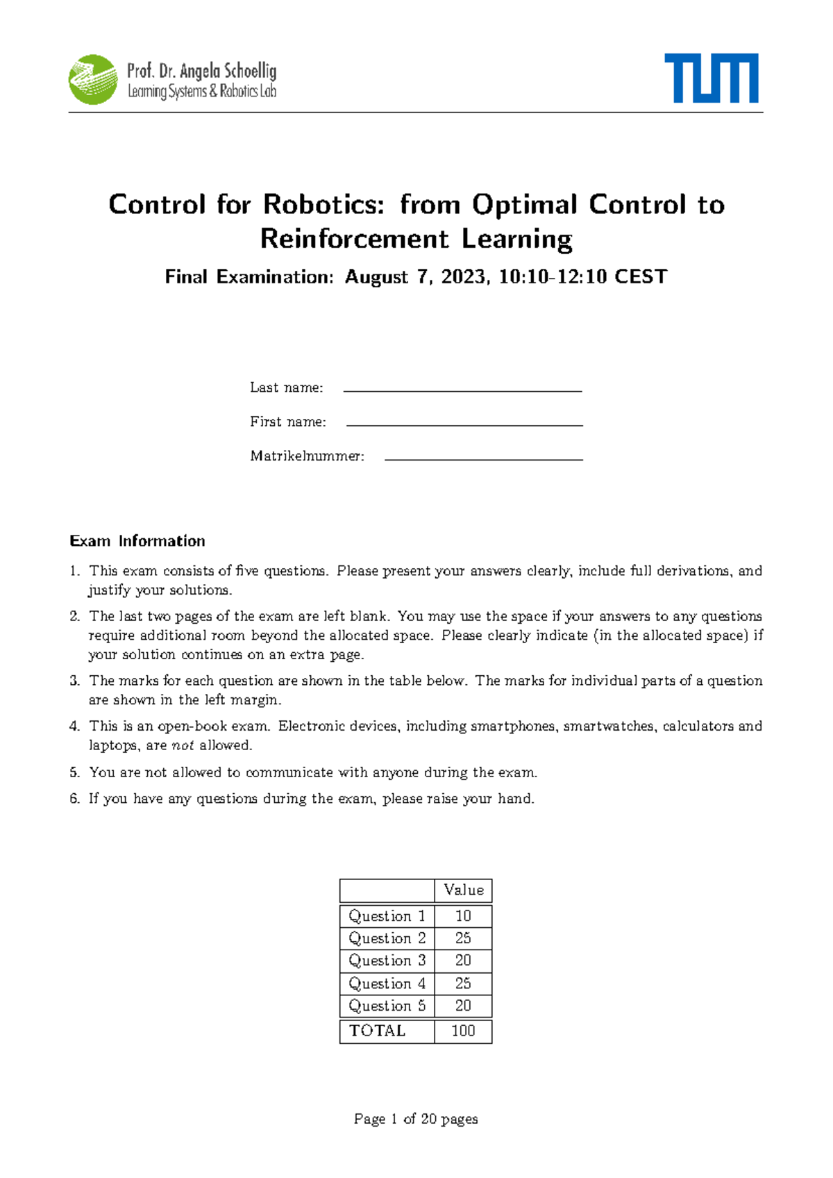 SS23 Final Exam: Control for Robotics - Reinforcement Learning Topics ...