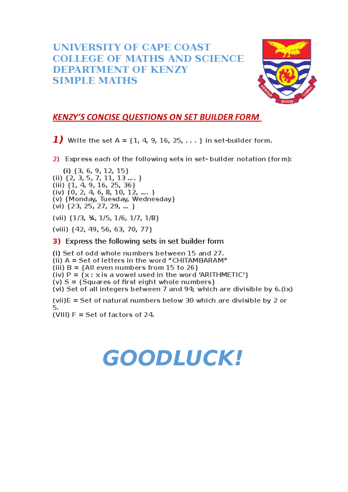 Maths 101 - Concise Questions on Set Builder Form - Studocu
