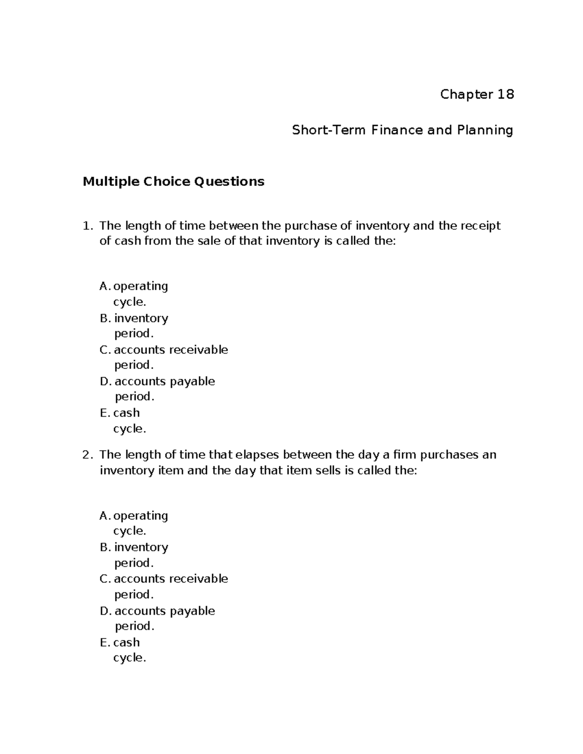 Chap018 - Multiple Choice Questions on Short-Term Finance - Studocu
