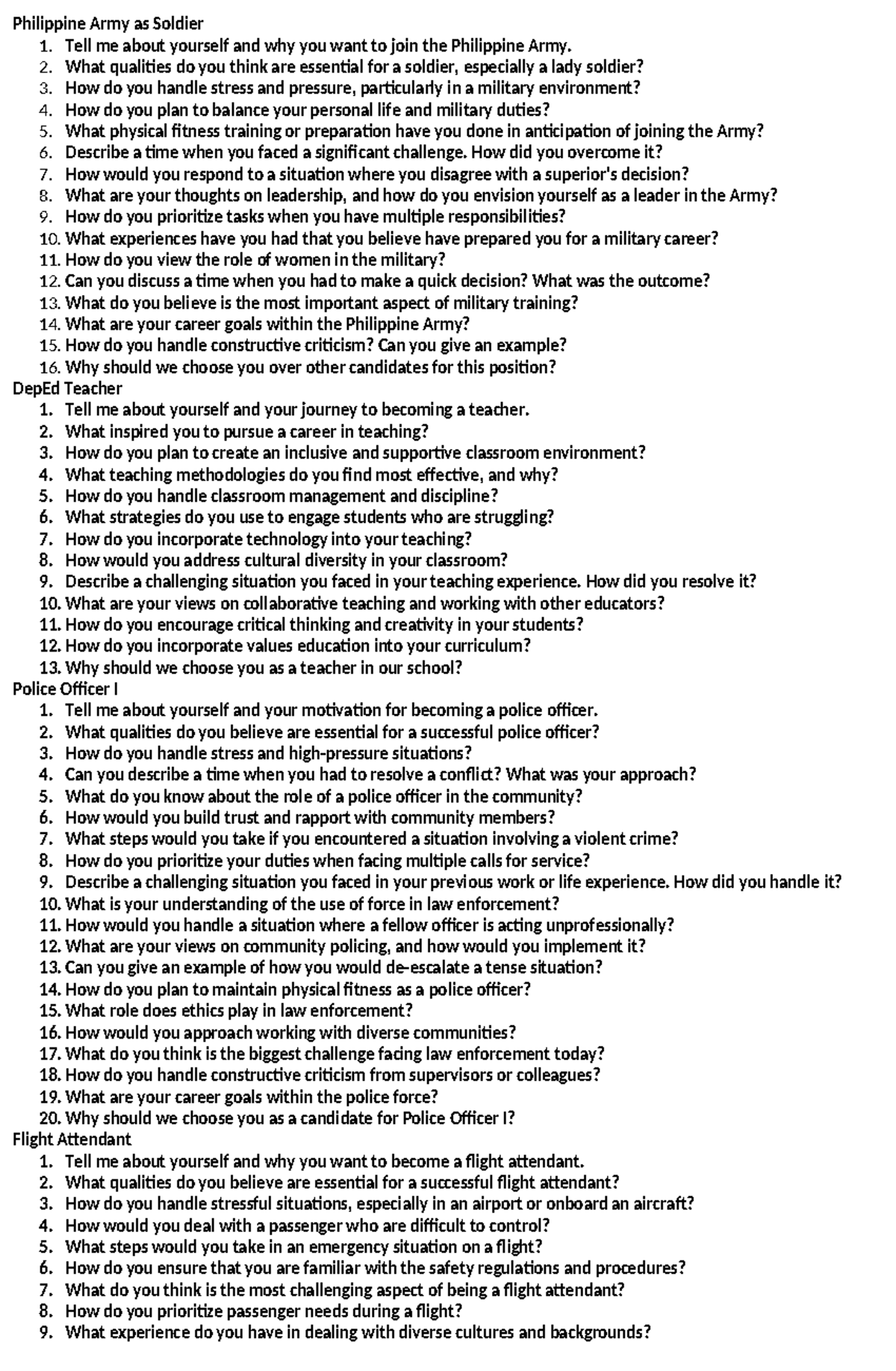 Mock Interview Questions for Various Careers - Studocu