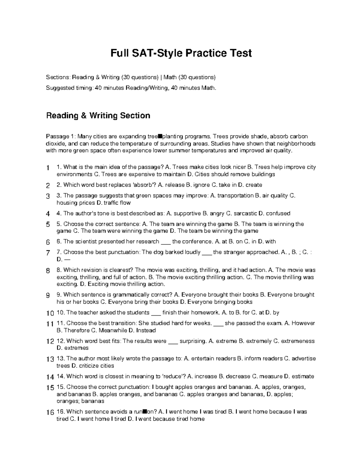 SAT Full Practice Test: Reading & Writing, Math Sections (60 Qs) - Studocu