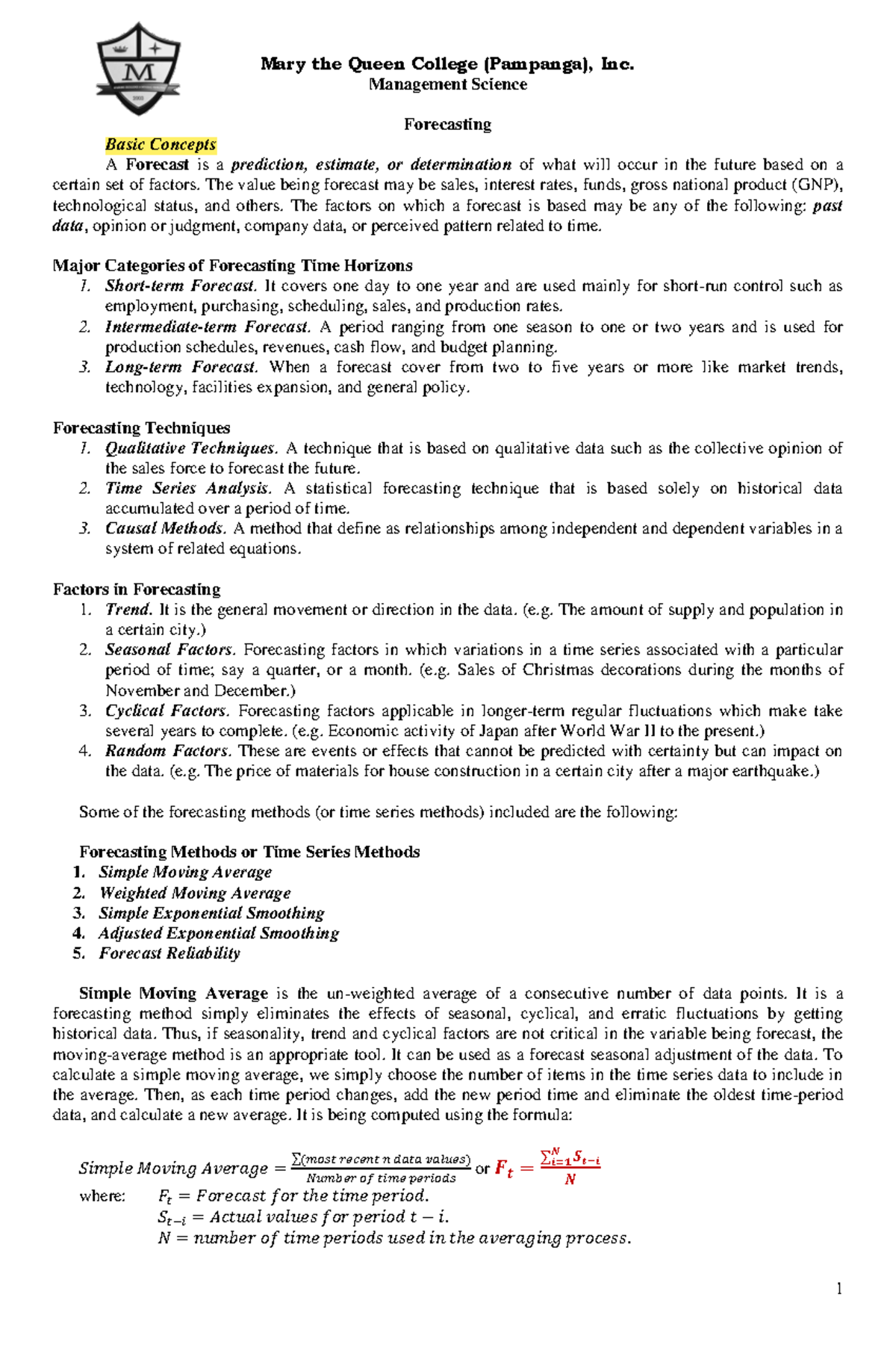 Module-3 OME-Lec3 L1 Forecasting - Mary the Queen College (Pampanga ...