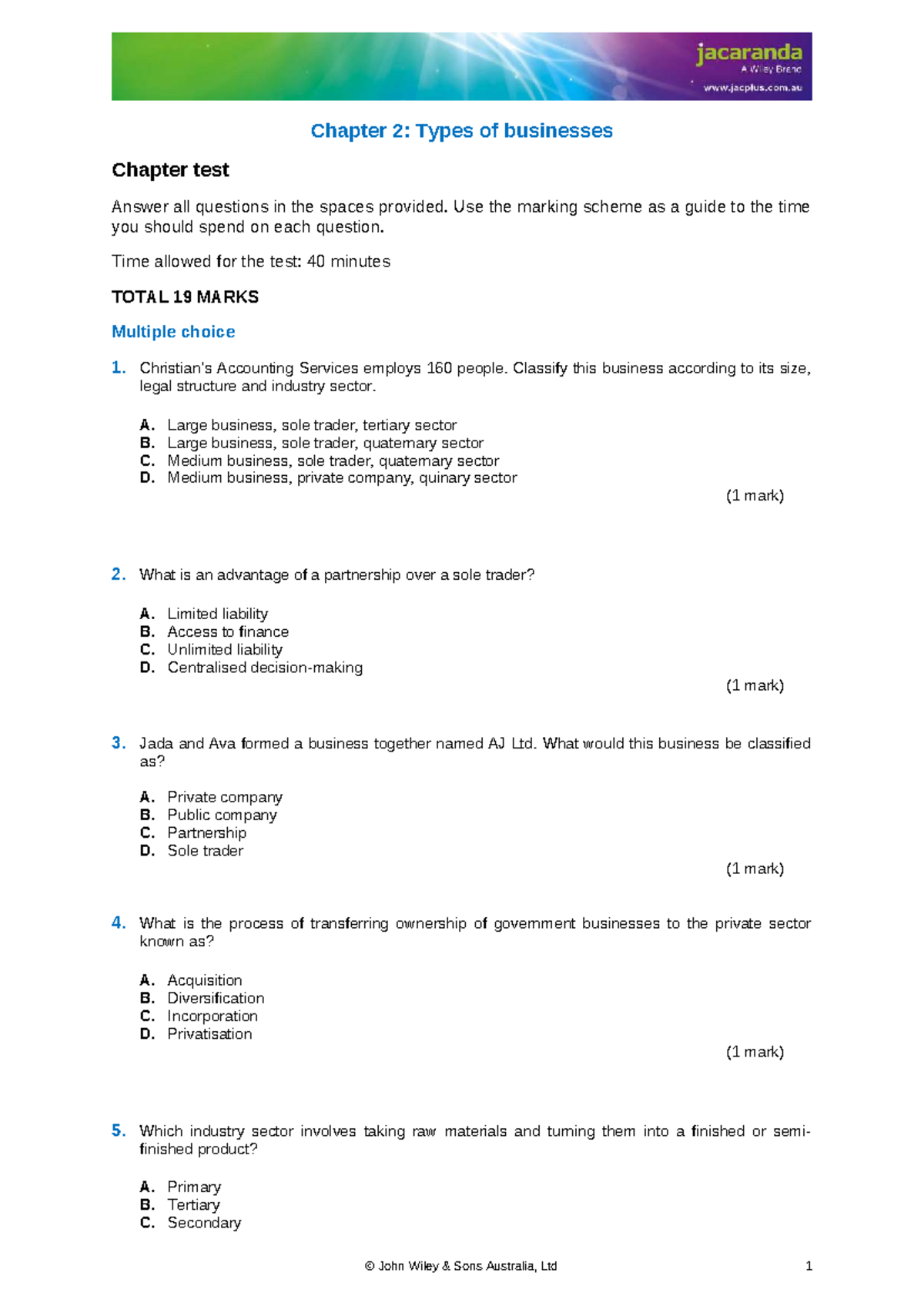 Chapter 2: Types of Businesses - Practice Test Questions - Studocu
