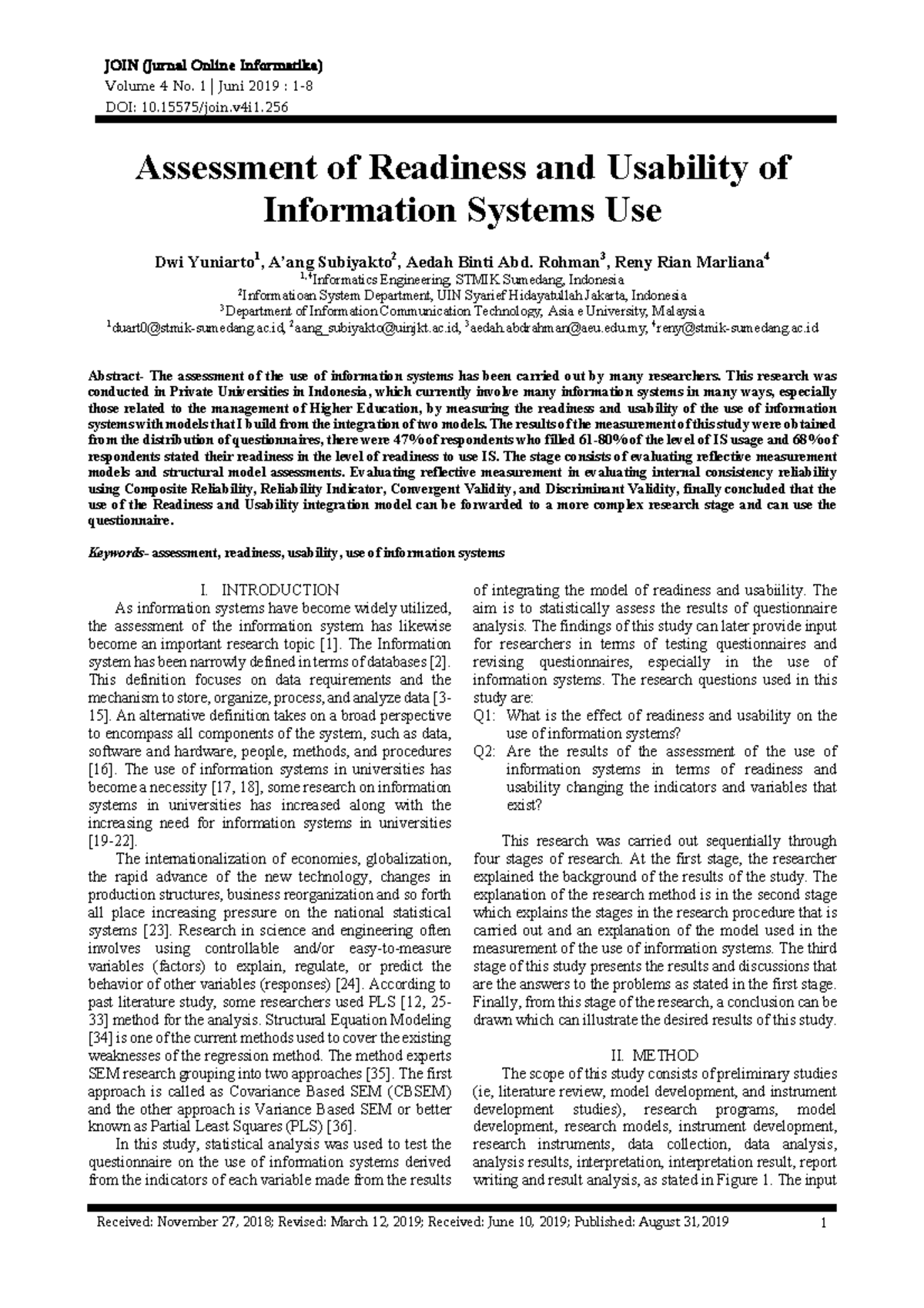 Assessment of Readiness and Usability of Information Systems Use - JOIN ...
