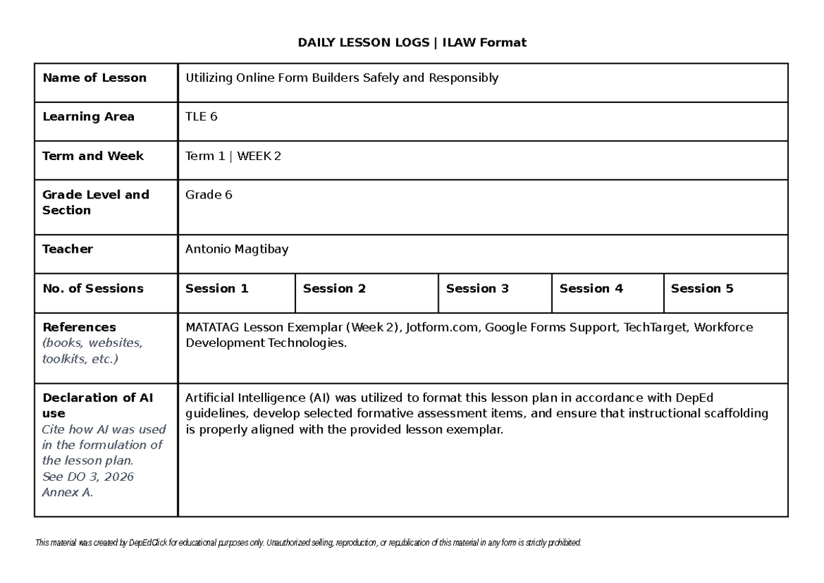 Grade 6 TLE Daily Lesson Log: Utilizing Online Form Builders Safely ...