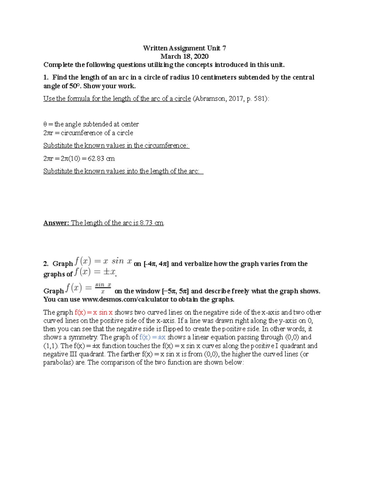 535899129 MATH 1201 Written Assignment for Unit 7 Analysis - Studocu