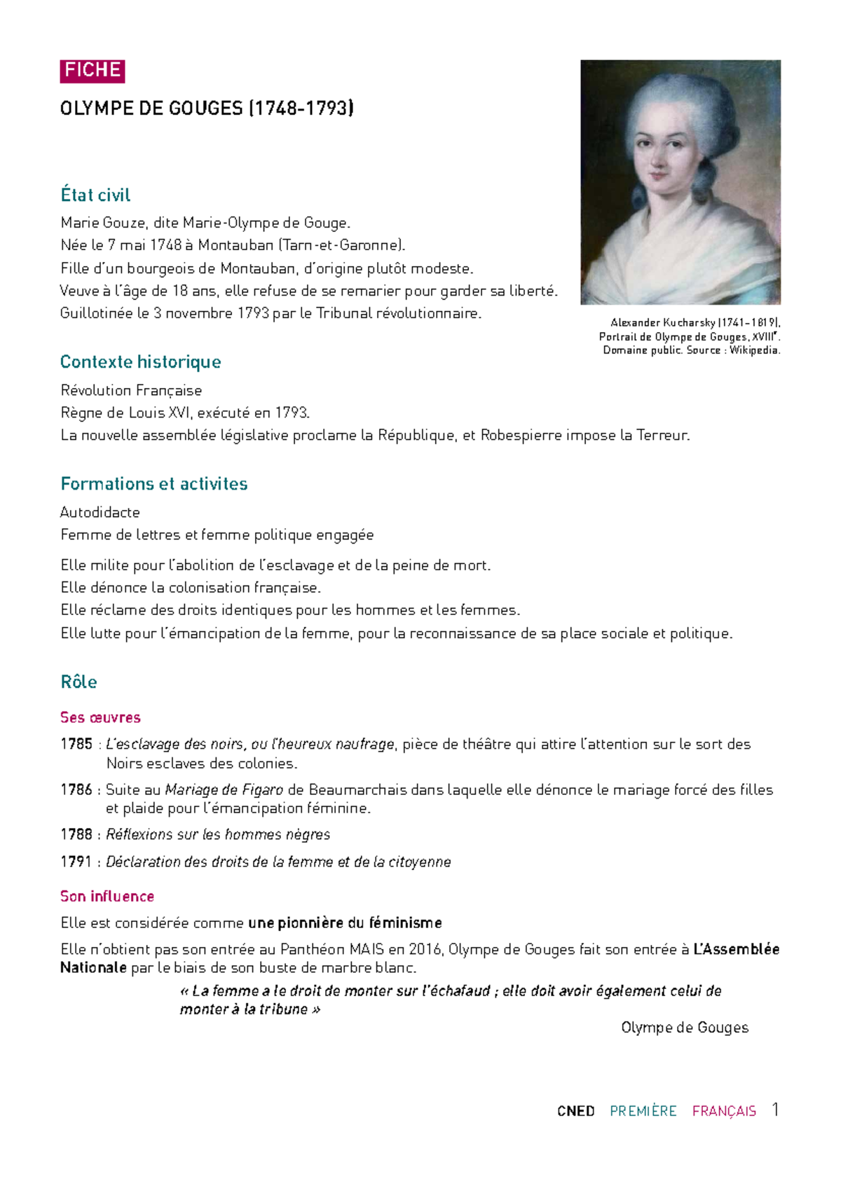 Biographie d'Olympe de Gouges - CNED PREMIÈRE FRANÇAIS 1 - Studocu