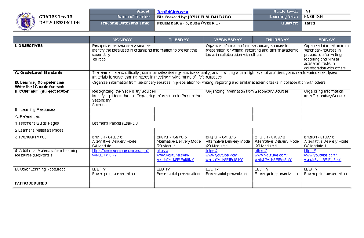 Daily Lesson LOG - GRADES 1 to 12 DAILY LESSON LOG School: DepEdClub ...