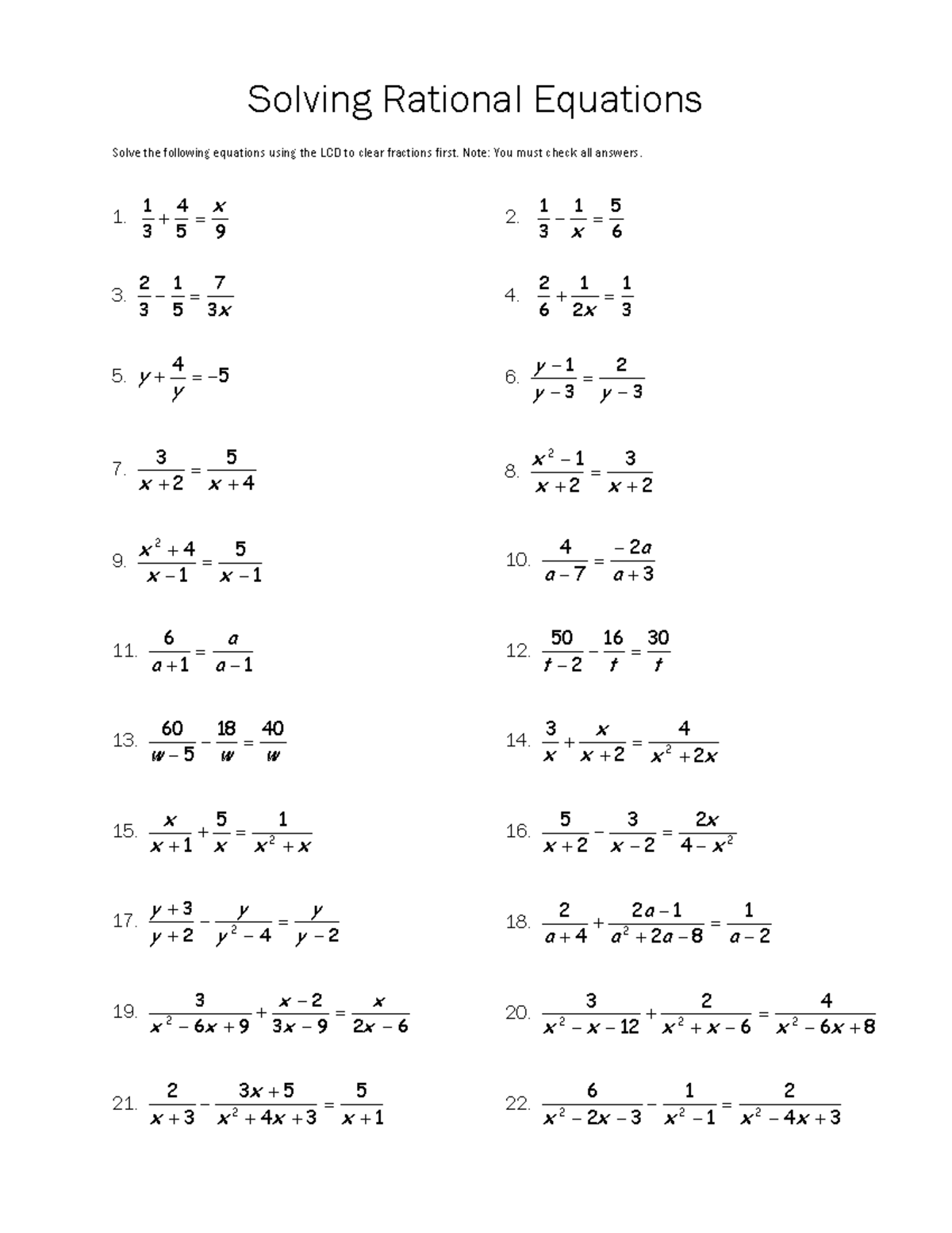 Rational Equations Solutions - Math 8 Final Exam Guide - Studocu