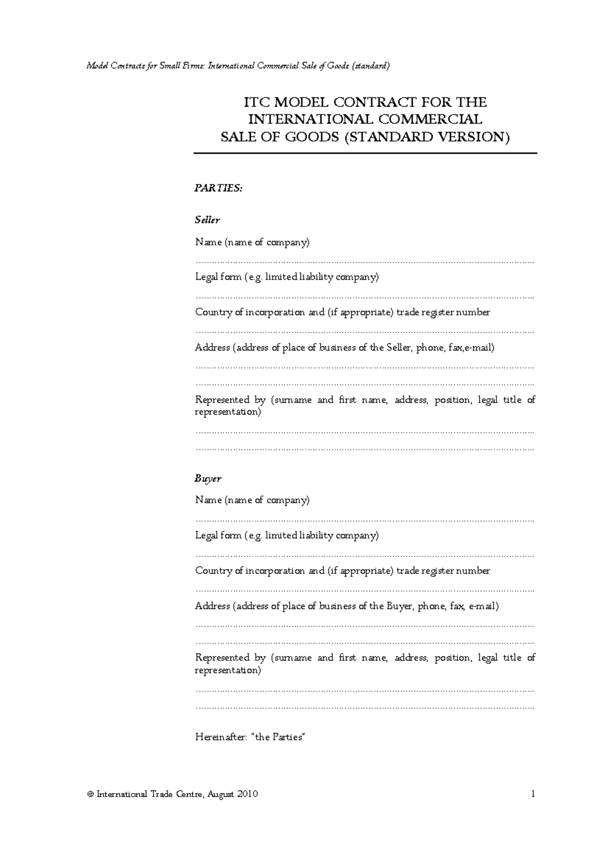 ITC Model Contract Standard - ITC MODEL CONTRACT FOR THE INTERNATIONAL ...