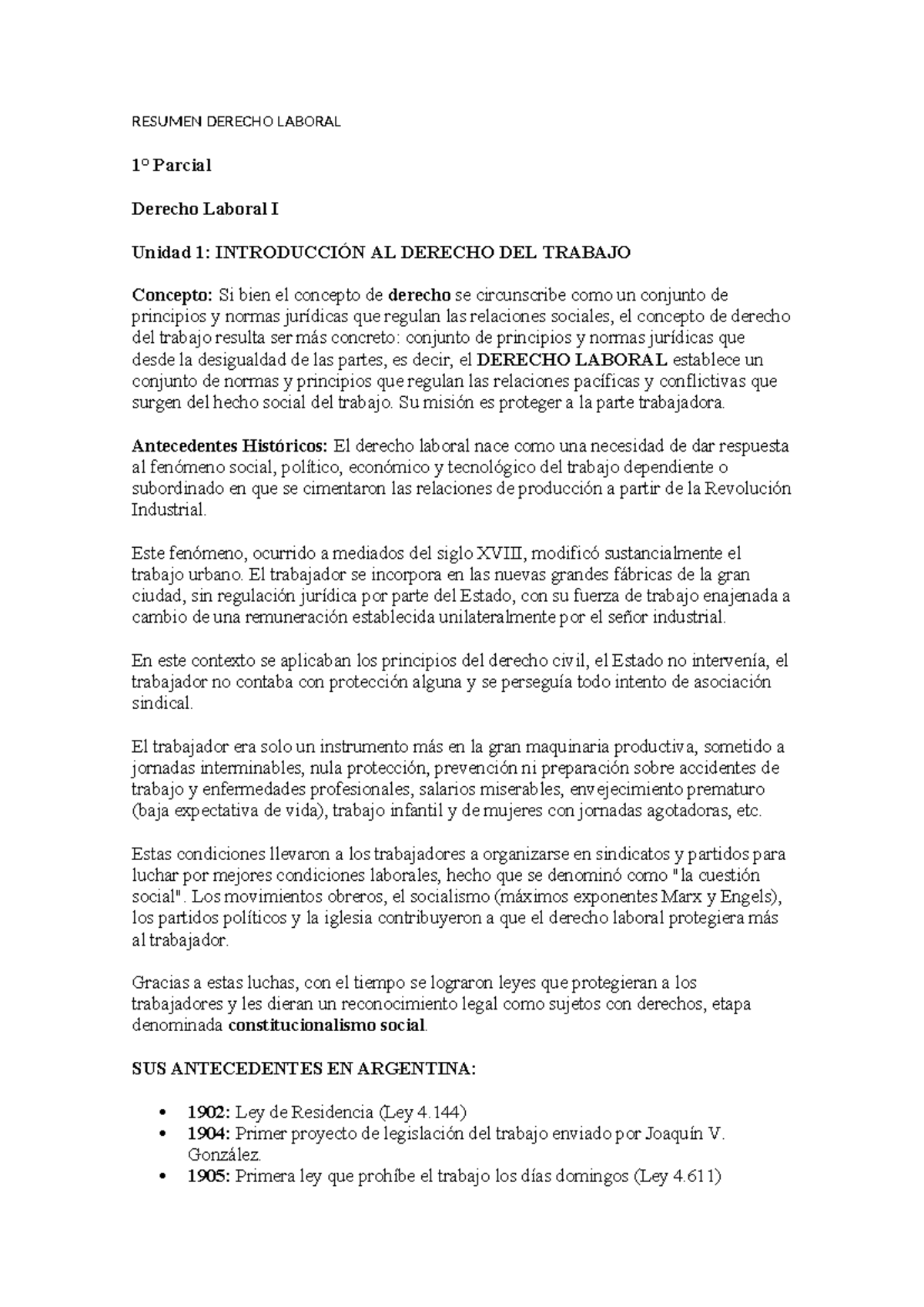Resumen Derecho Laboral I - Unidad 1: Introducción al Derecho del ...
