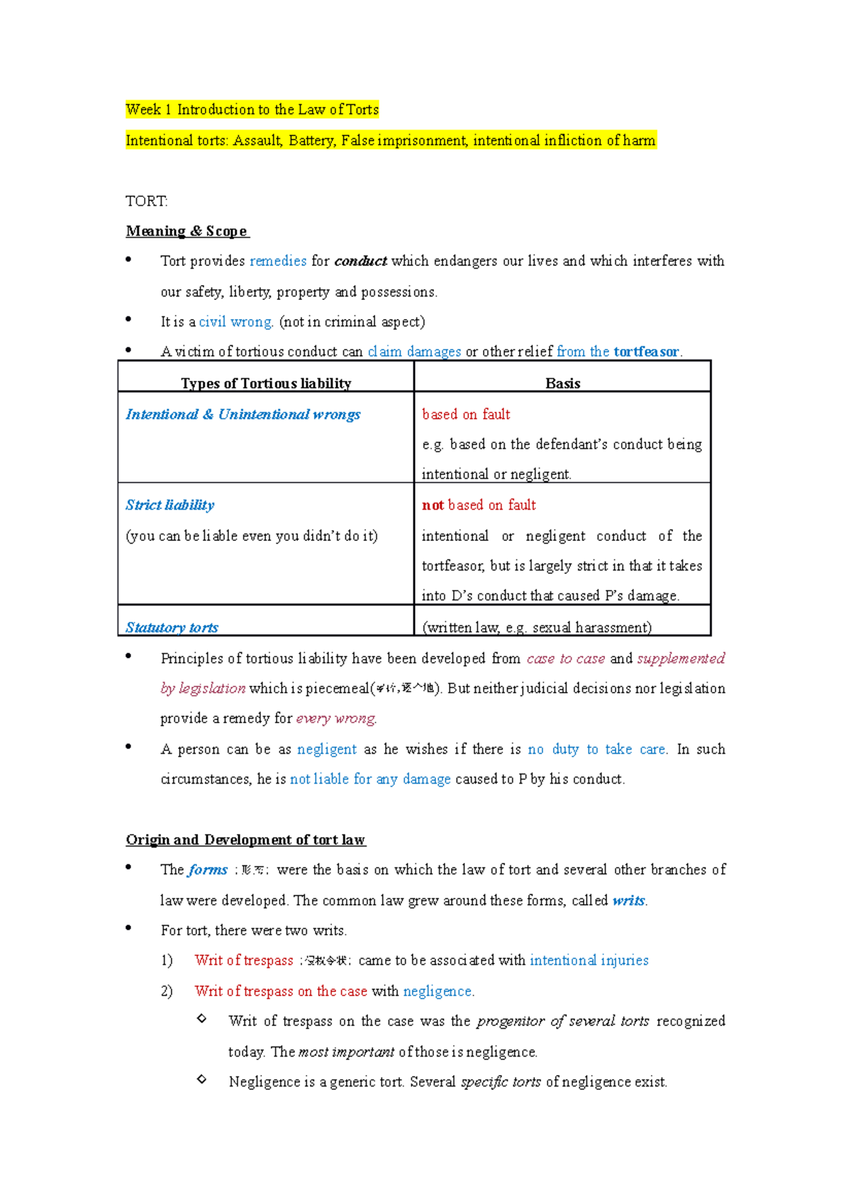 Week1,2 - notes - Week 1 Introduction to the Law of Torts Intentional ...