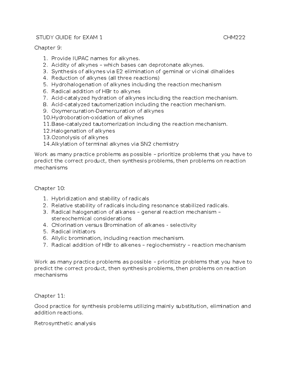 Study Guide for EXAM 1 CHM222 - STUDY GUIDE for EXAM 1 CHM Chapter 9 ...