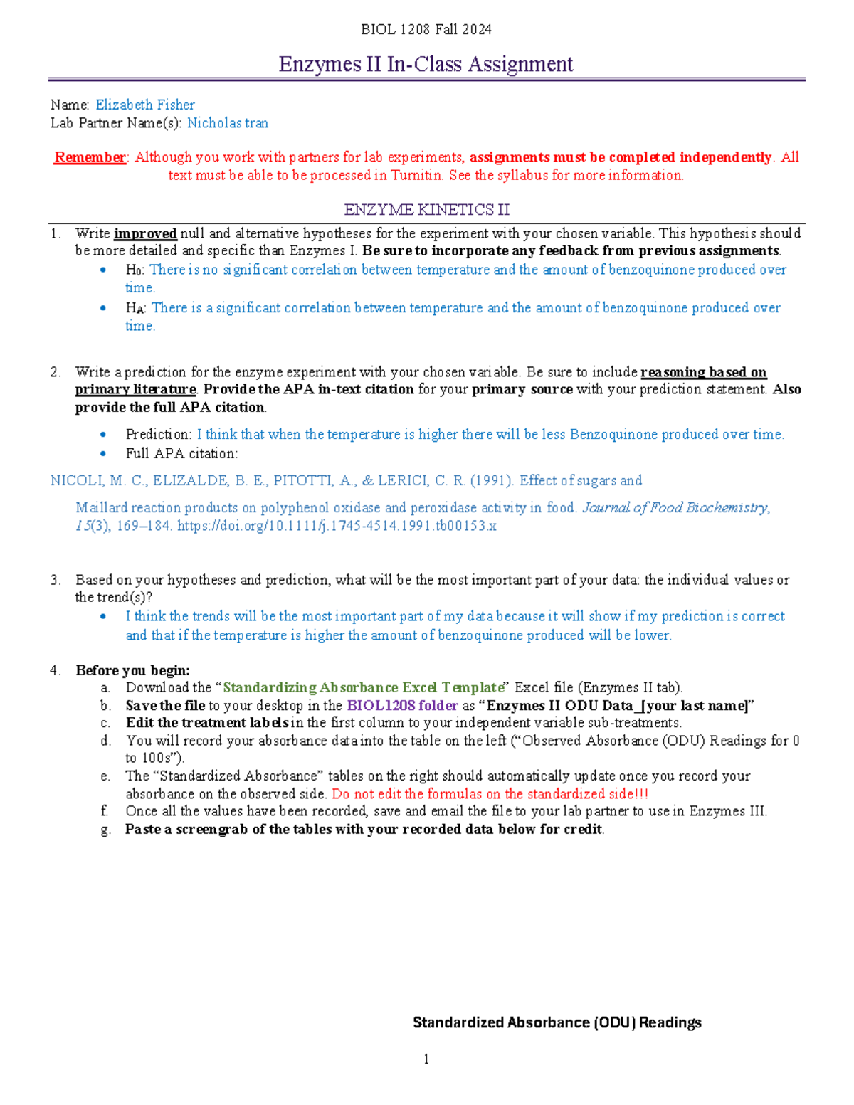 BIOL 1208 Fall 2024 Enzymes II In-Class Assignment Answers - Studocu