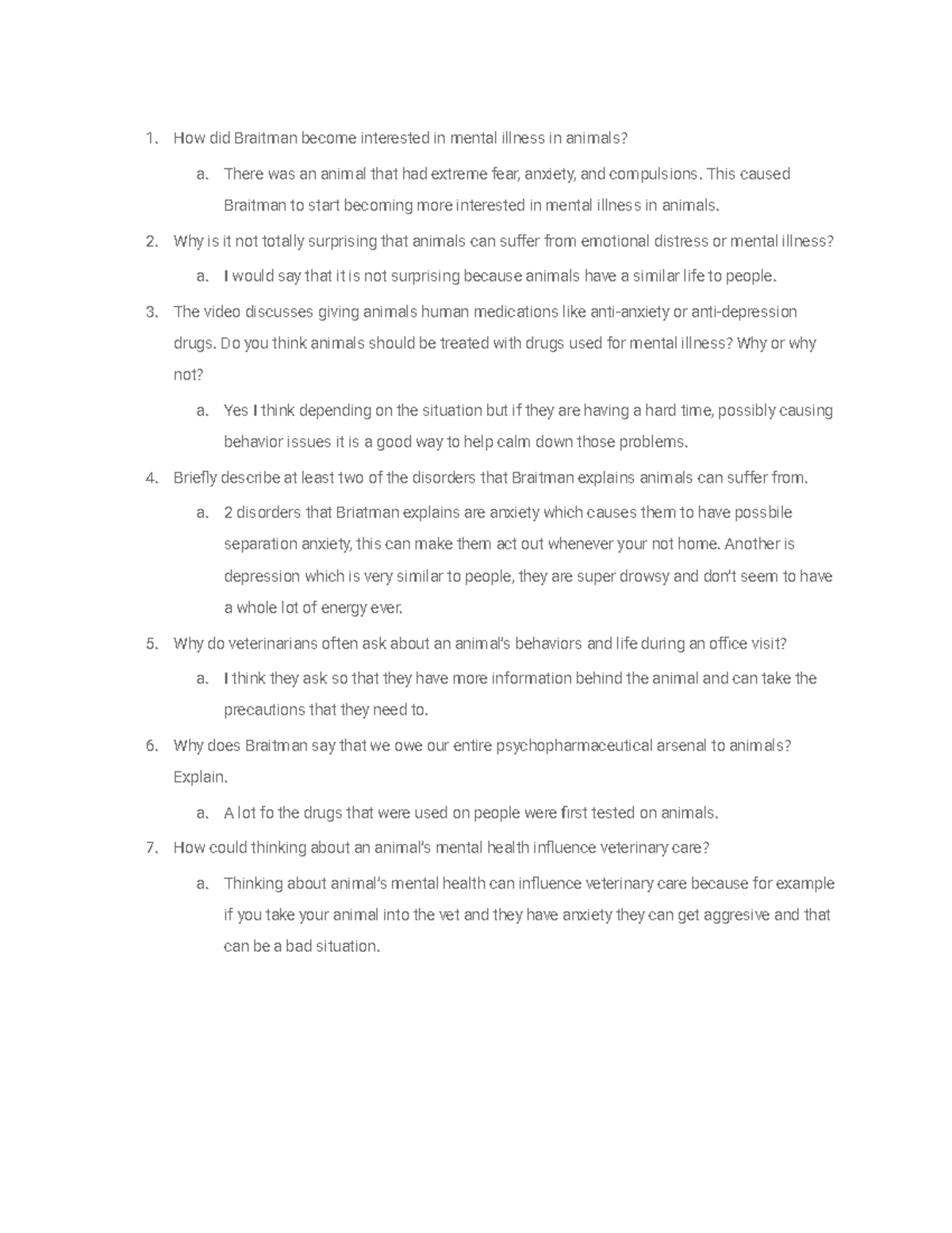 1.08 Lab Questions - Mental Illness in Animals: Insights and ...
