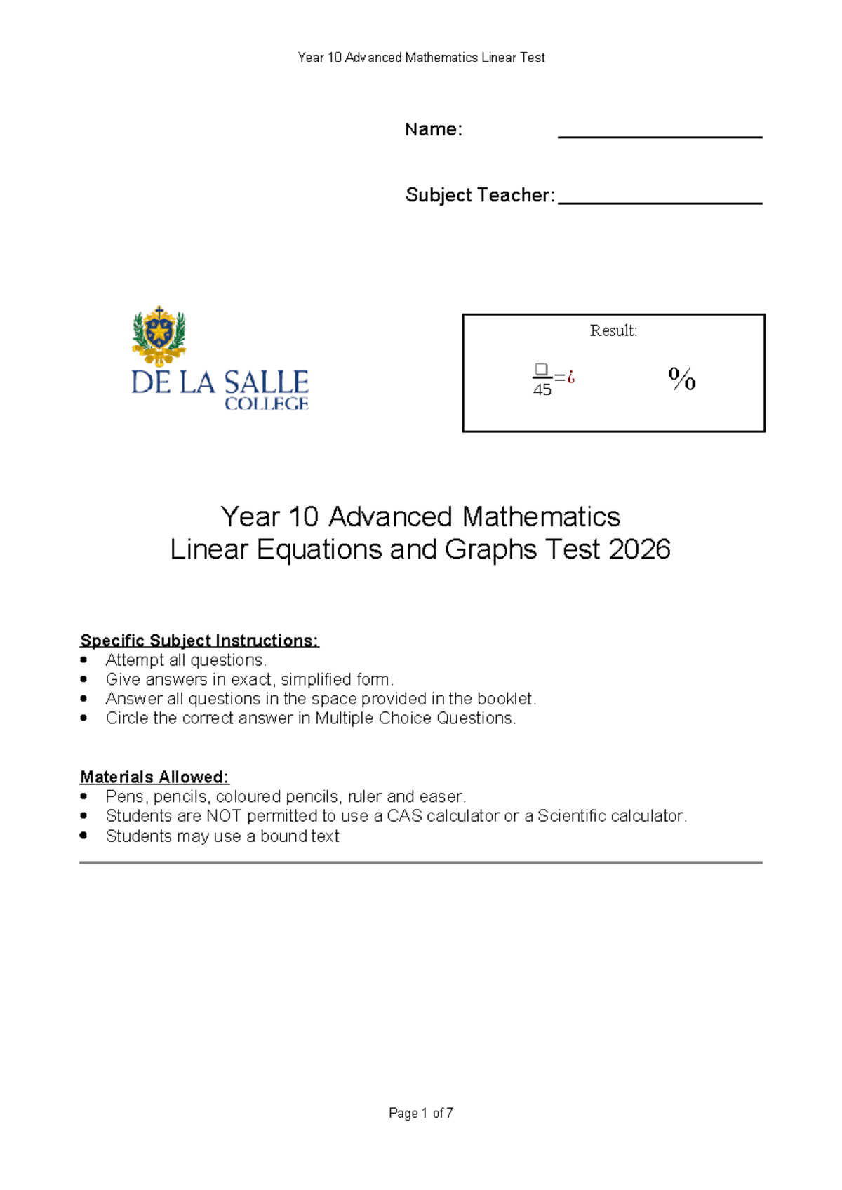 Year 10 Adv. Math Linear Equations Test 2026 - Studocu