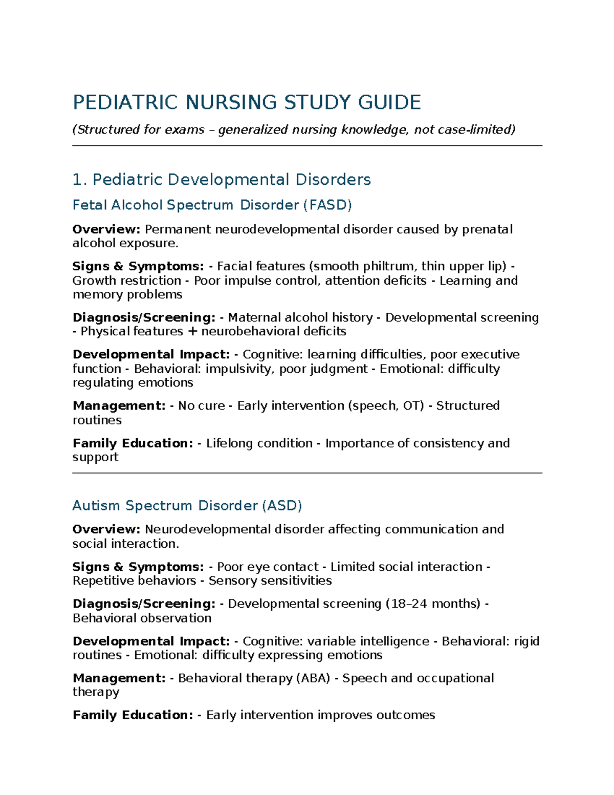 PEDIATRIC NURSING STUDY GUIDE (Exam-Focused, Standard Format) - Studocu