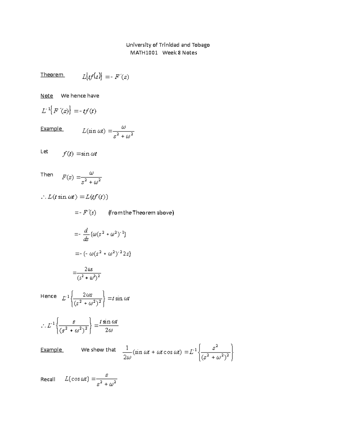 UTT MATH1001 Week 8 Notes - University of Trinidad and Tobago MATH1001 ...