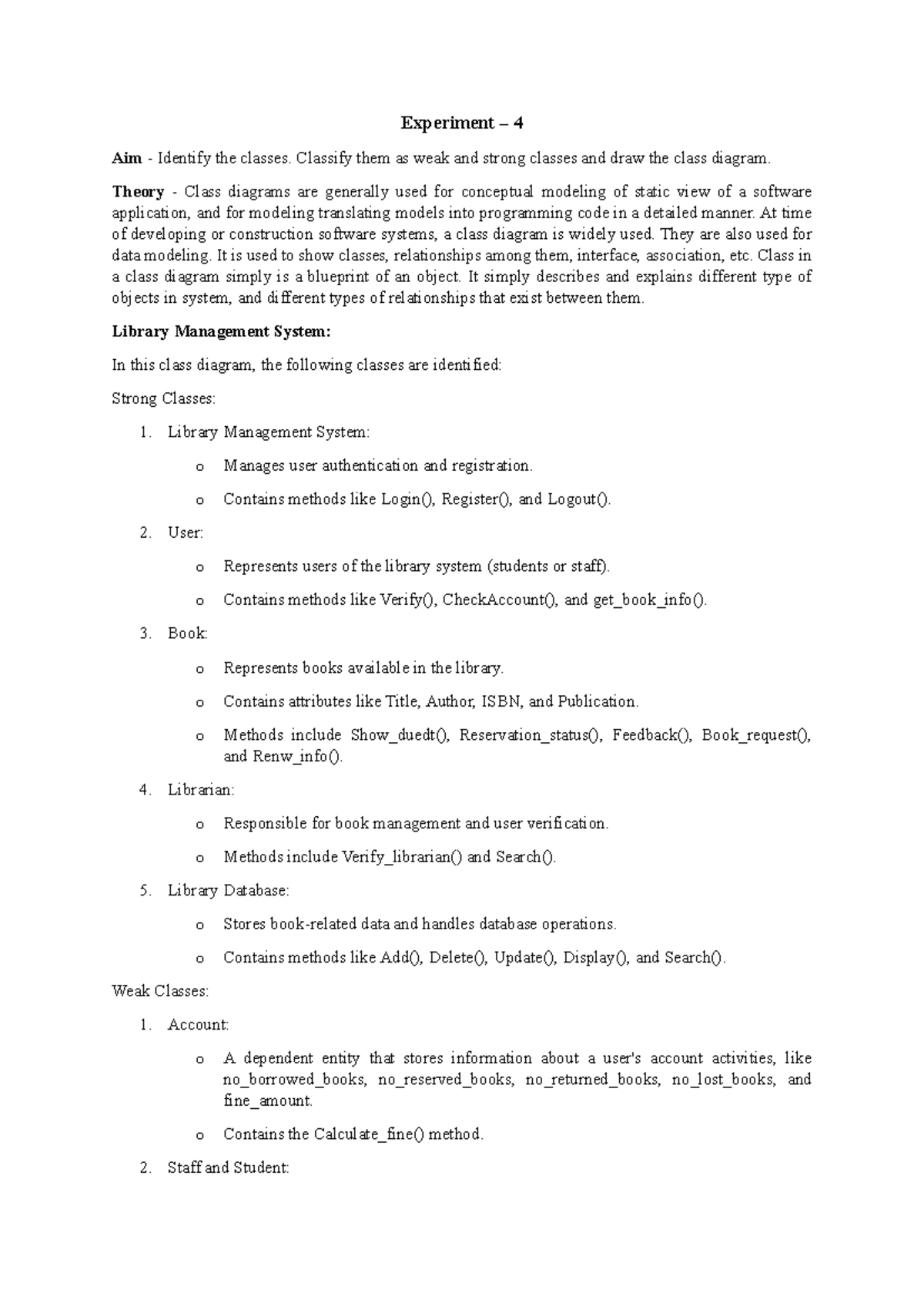 Se Exp4 - Class Diagram Analysis in Software Engineering - Studocu