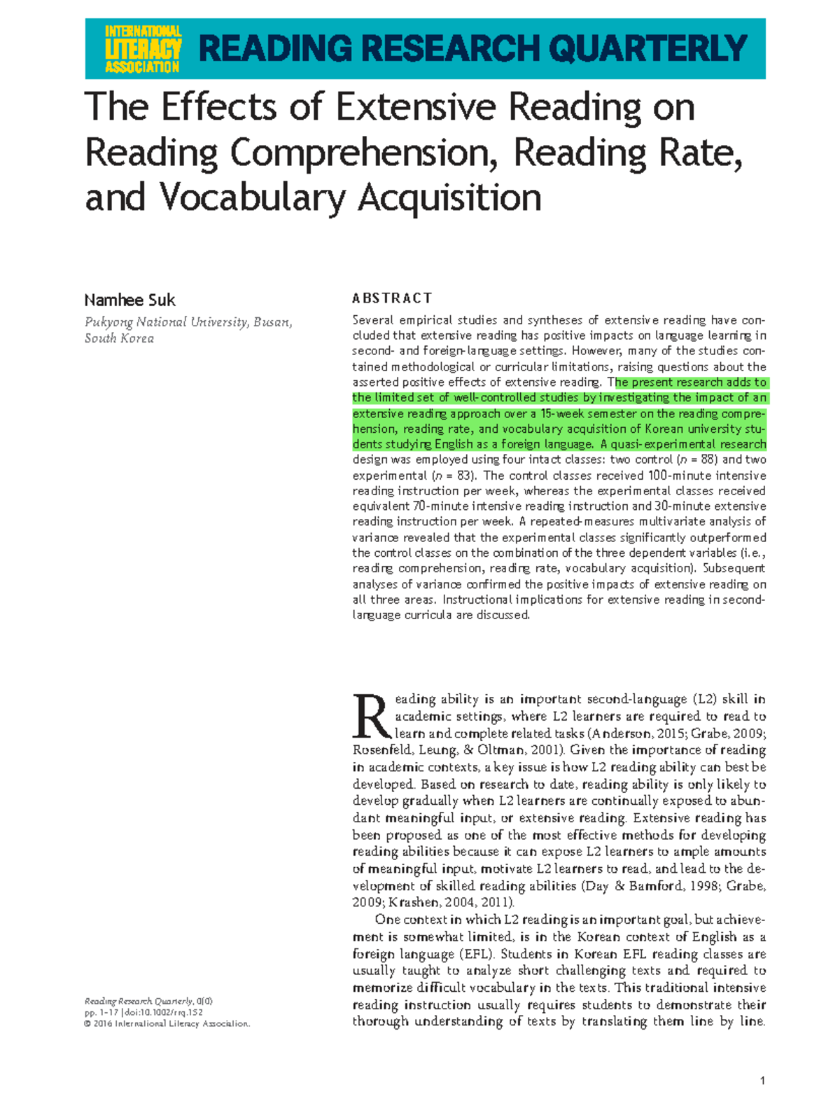 The Effects of Extensive Reading on L2 Comprehension, Rate ...