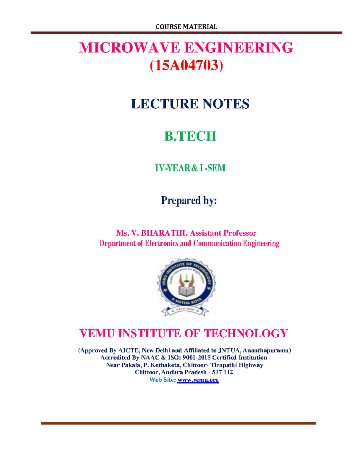 Microwave Engineering Lecture Notes (15A04703) - B.Tech IV Year - Studocu