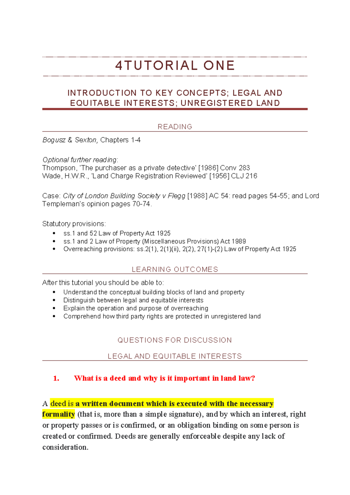 Tutorial 1 - Introduction to Land Law and Key Concepts - Studocu