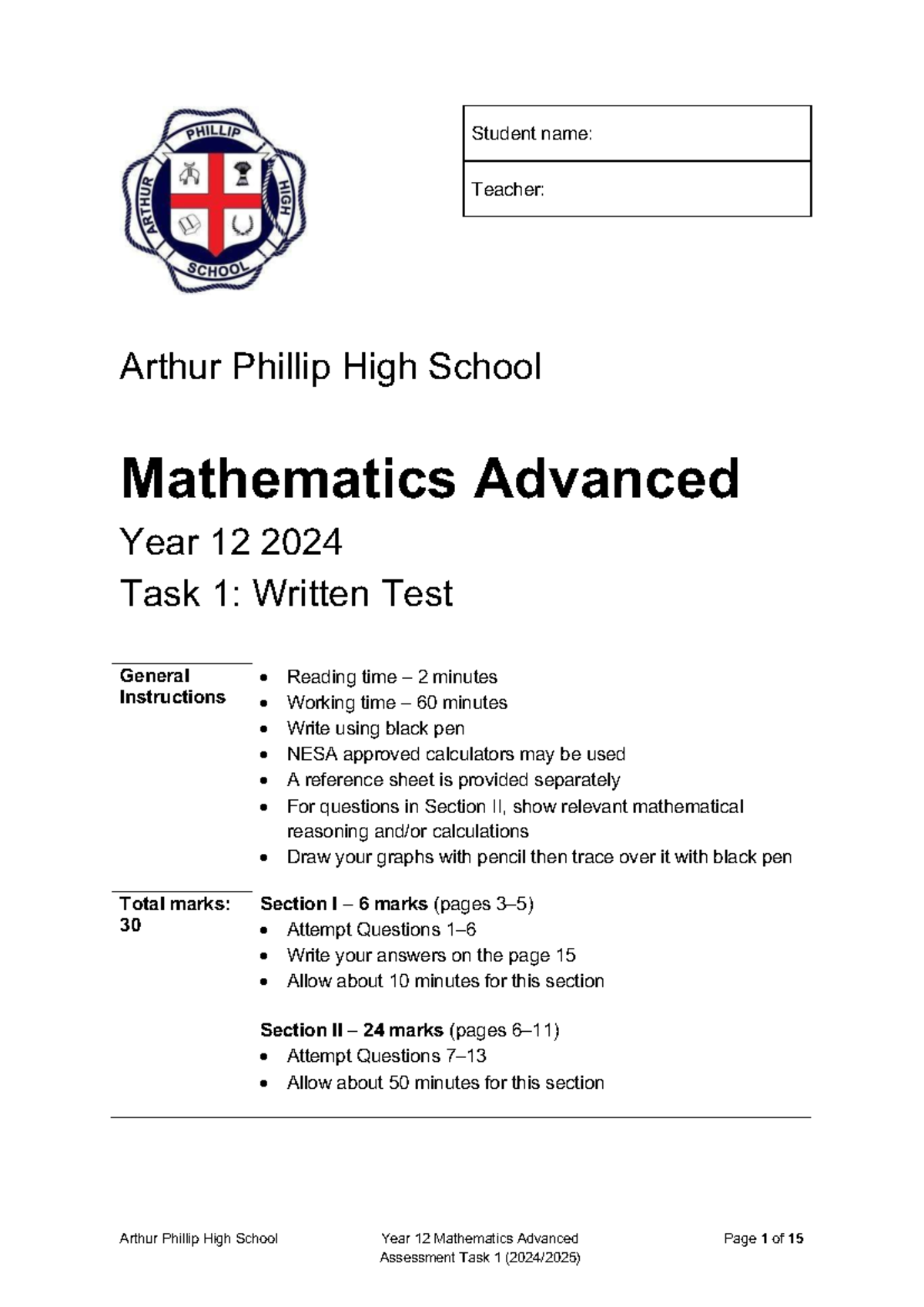 2024 HSC Mathematics Advanced Year 12 Task 1 Written Test - Studocu