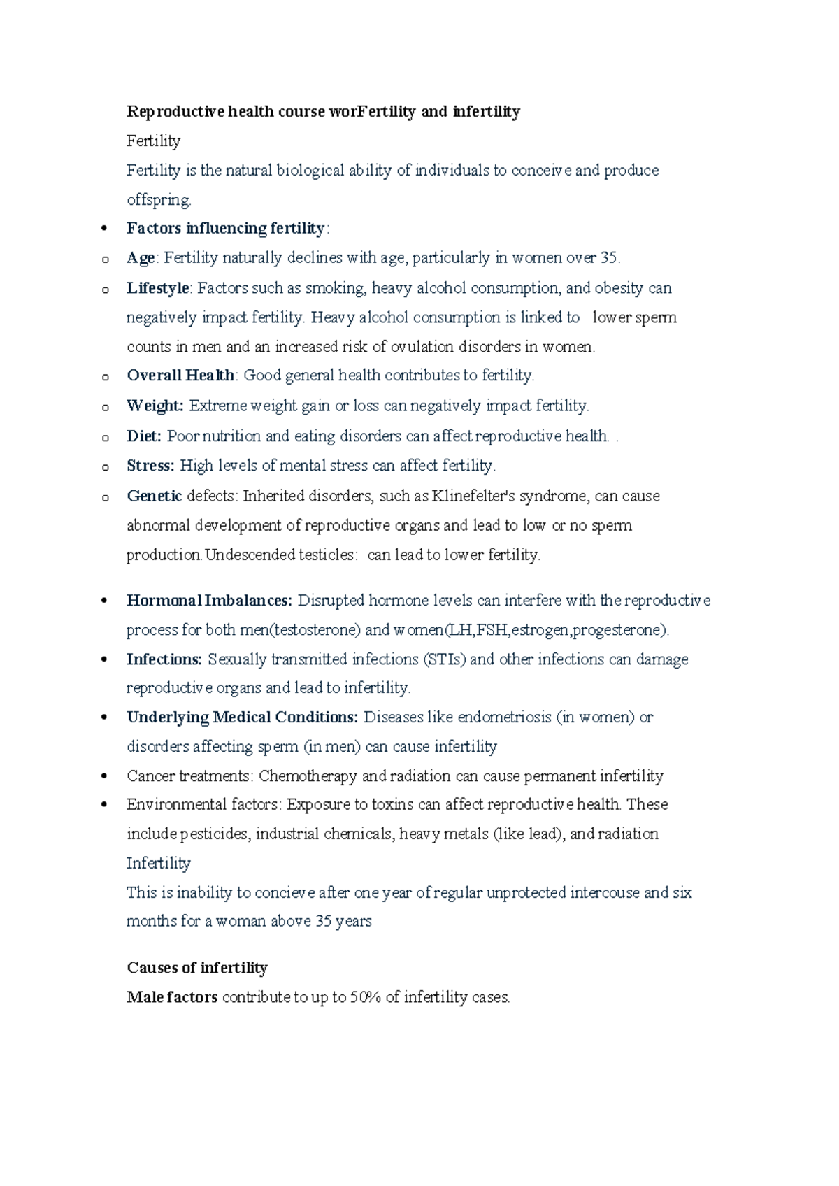 Reproductive Health Course Work: Fertility & Infertility Insights - Studocu