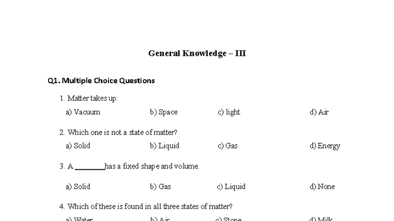 Class III GK - General Knowledge MCQs & Short Questions - Studocu