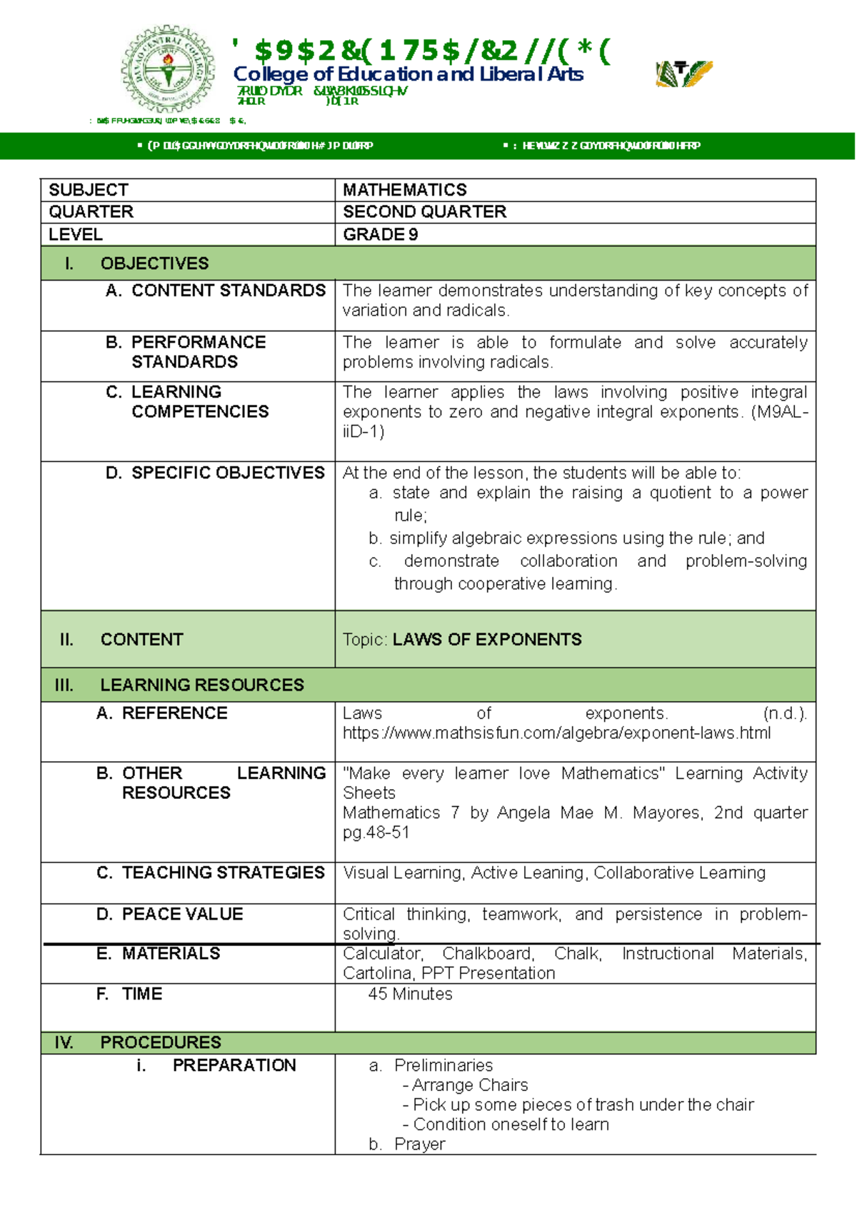 LAW OF EXPONENTS - GRADE 9 MATHEMATICS 2ND QUARTER LESSON PLAN - Studocu