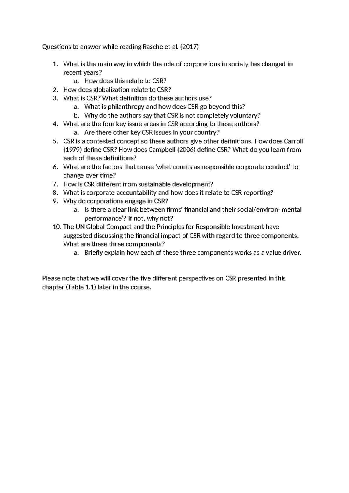 CSR Insights: Key Questions from Rasche et al. (2017) for 2023 - Studocu