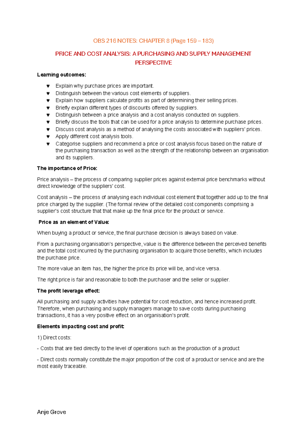 OBS 216 NOTES: CHAPTER 8 - PRICE AND COST ANALYSIS IN SUPPLY MGMT - Studocu
