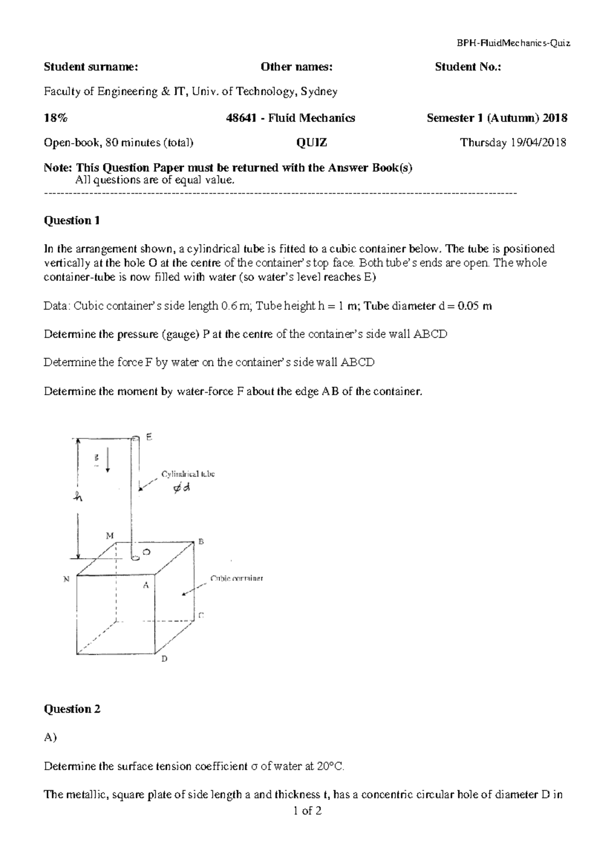 Fluid Mechanics Quiz Solutions A2018: Past Questions & Answers - Studocu