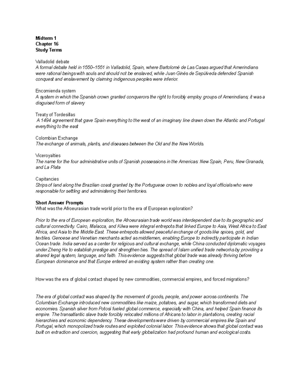 History Study Midterm 1: Key Concepts and Terms from Chapters 16-20 ...
