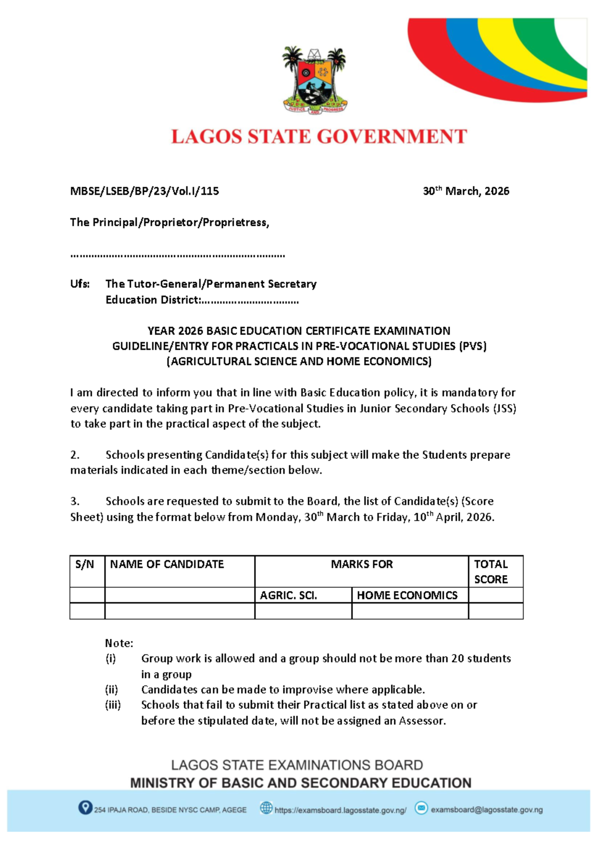 2026 Basic Education Certificate Exam Practical Timetable (PVS & BST ...