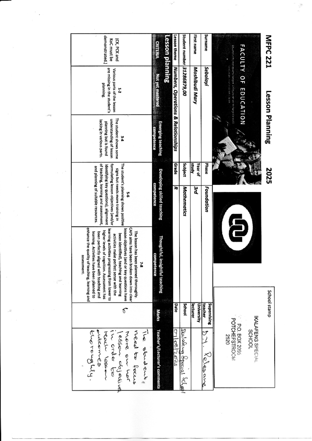 MFPC 221 Lesson Plan Assessment Rubric for 2025 - Studocu