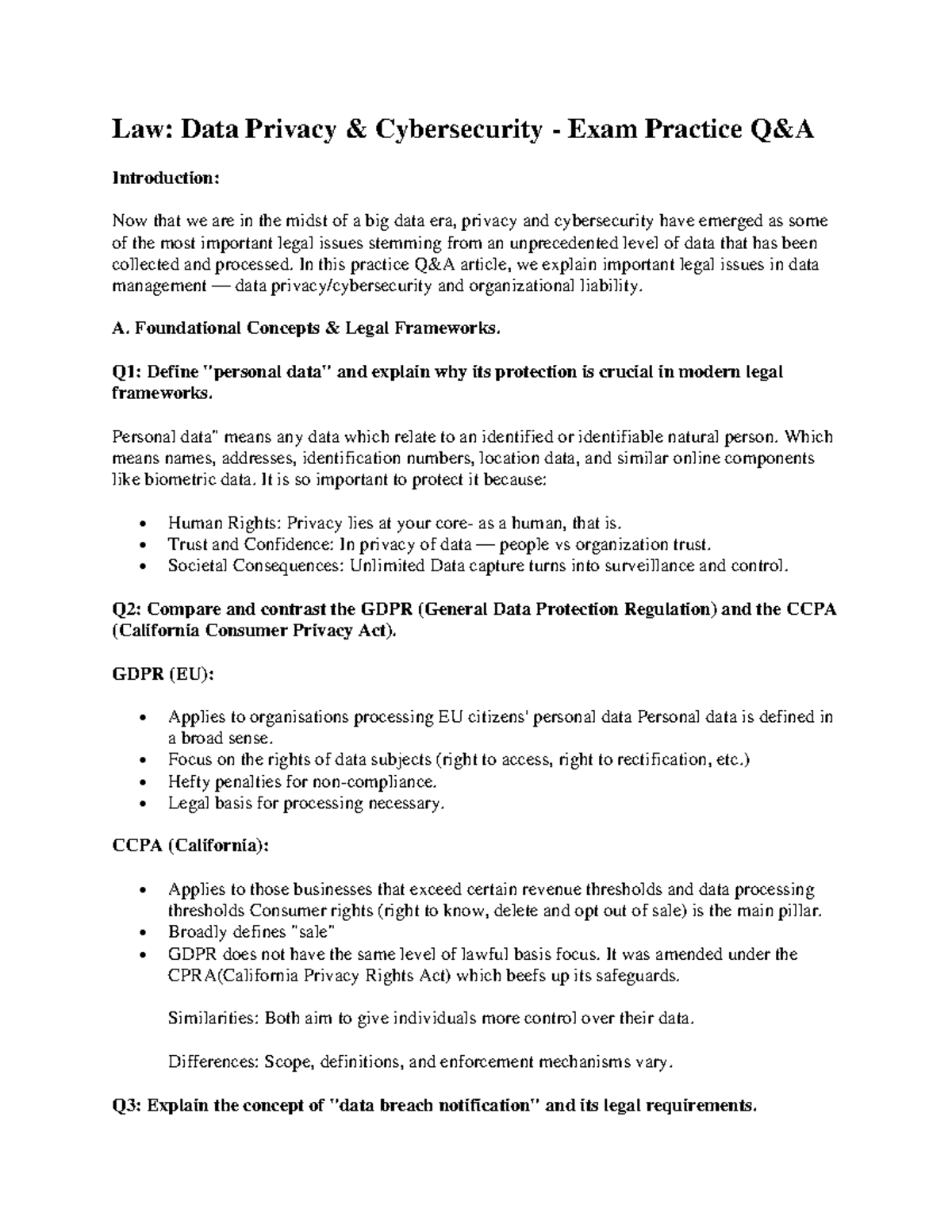 Law Final exam practice - Law: Data Privacy & Cybersecurity - Exam ...