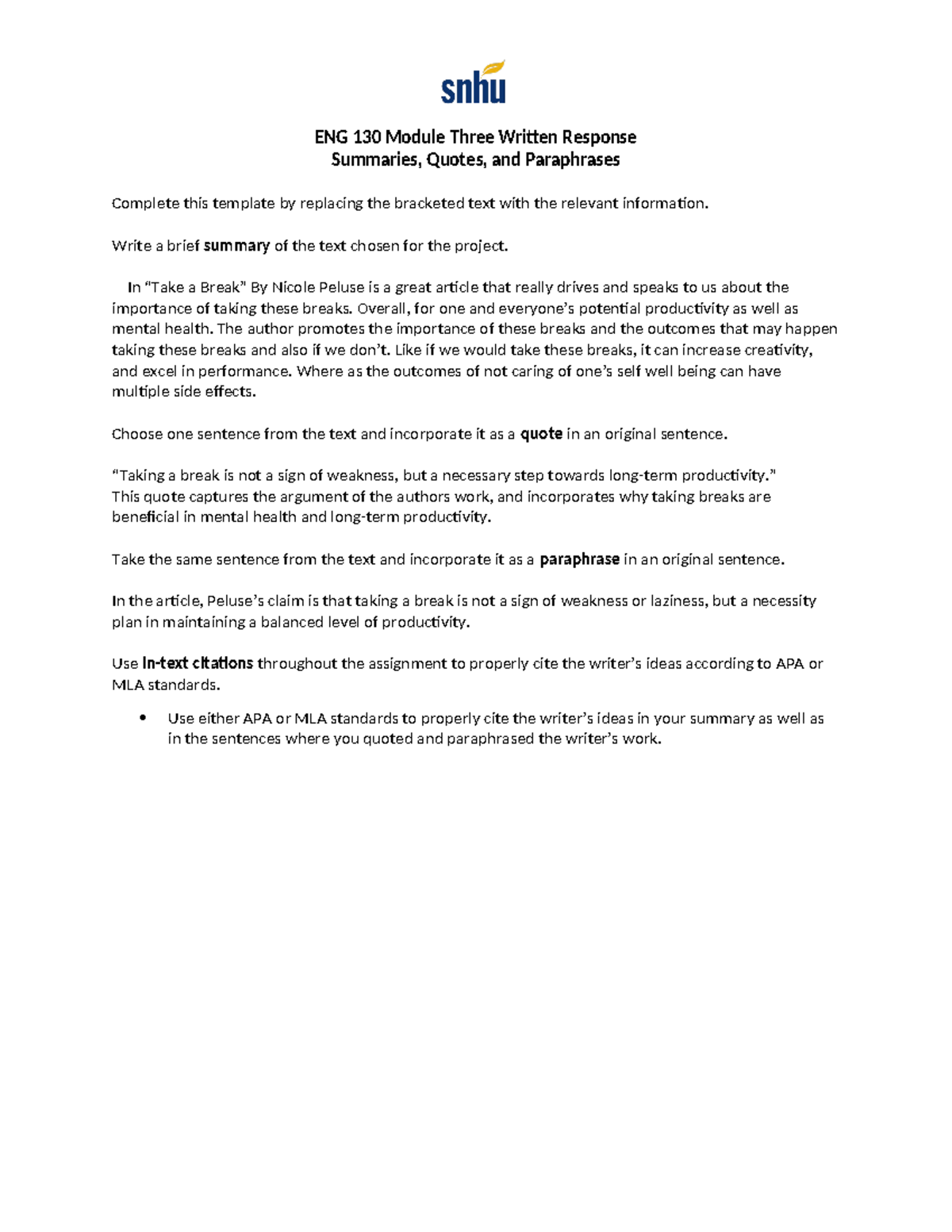 ENG 130 Module 3 Written Response Template for Summaries & Quotes - Studocu