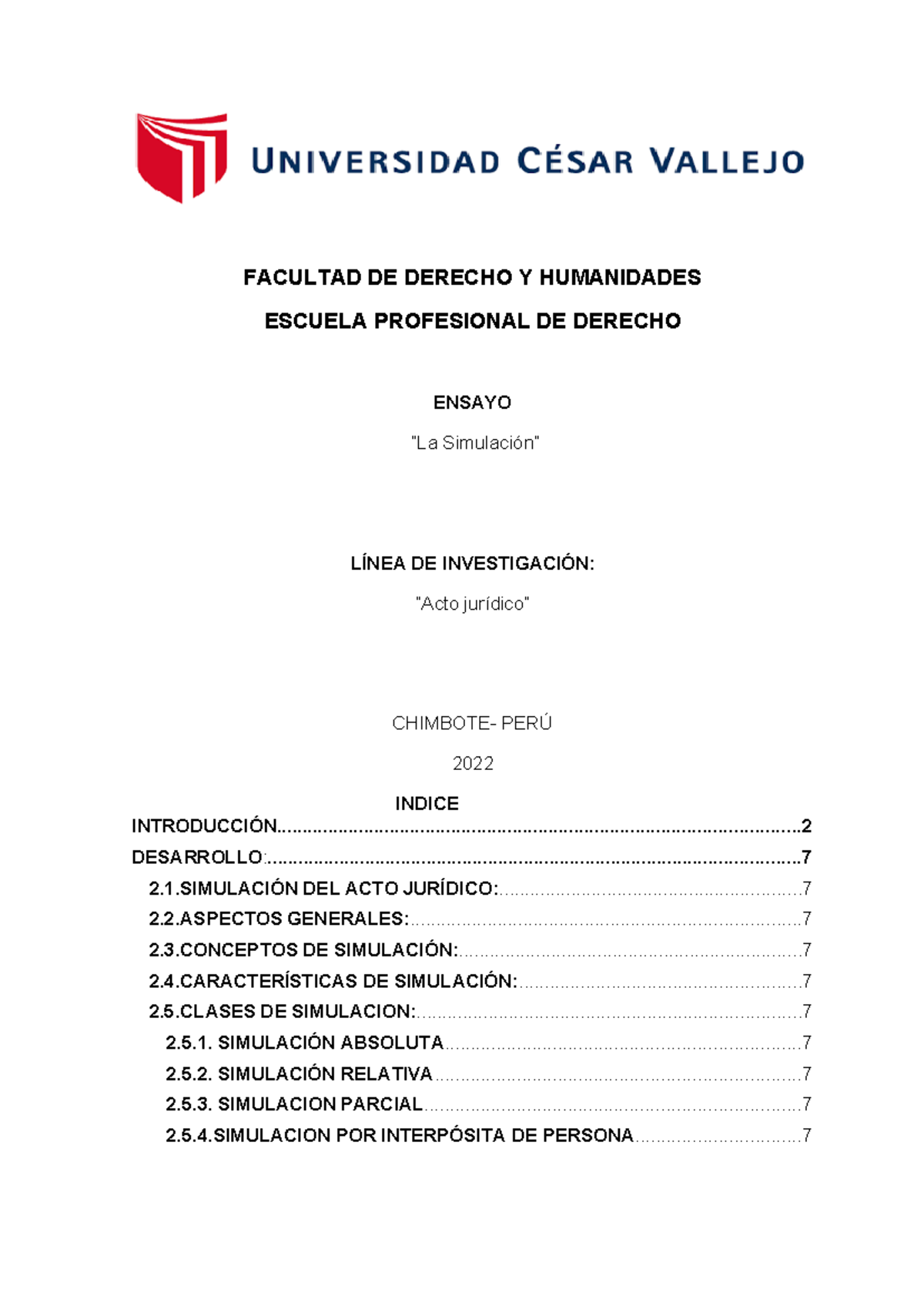 Ensayo sobre Simulación del Acto Jurídico - Perú 2022 - Document Preview