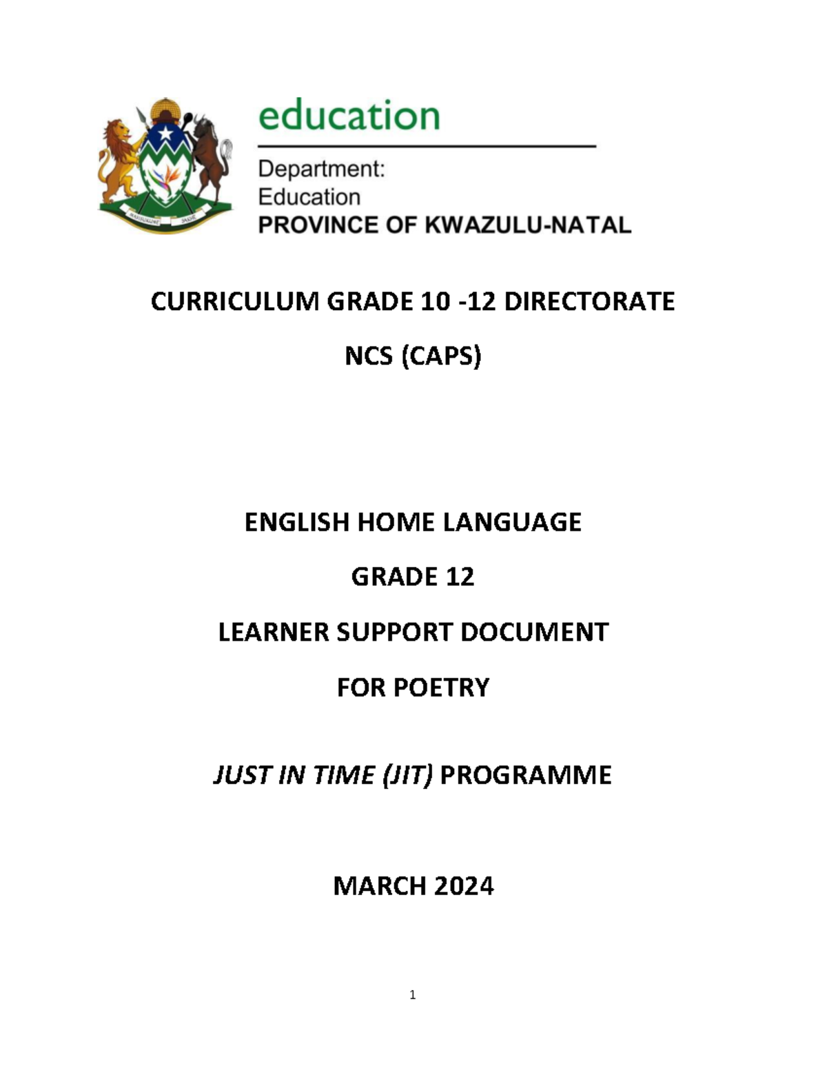 Grade 12 Poetry Learner Guide JIT March 2024 (Course 771549637) - Studocu