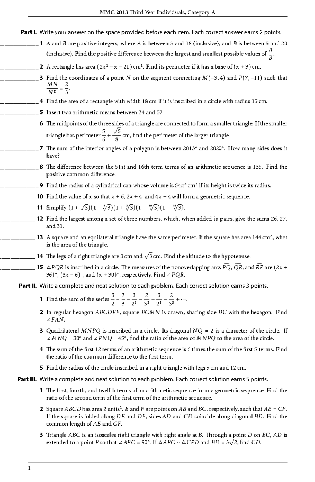 MMC 2013 3A Ind - Practice Materials for Metrobank Math Challenge - Studocu