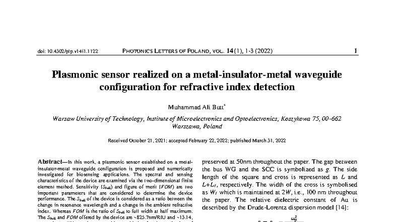 Plasmonic Sensor Design on MIM Waveguide for Refractive Index Detection ...
