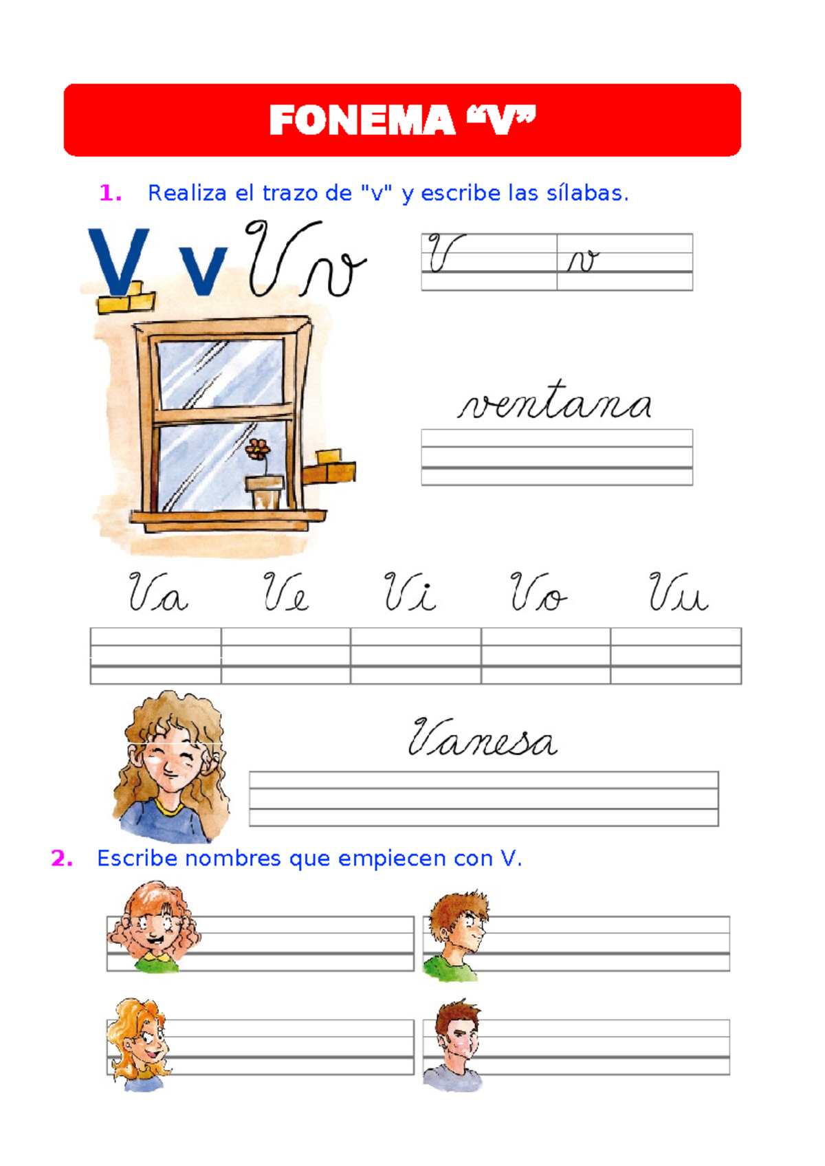 Fonema V: Actividades de Sílaba y Lectura para 1er Grado - Document Preview