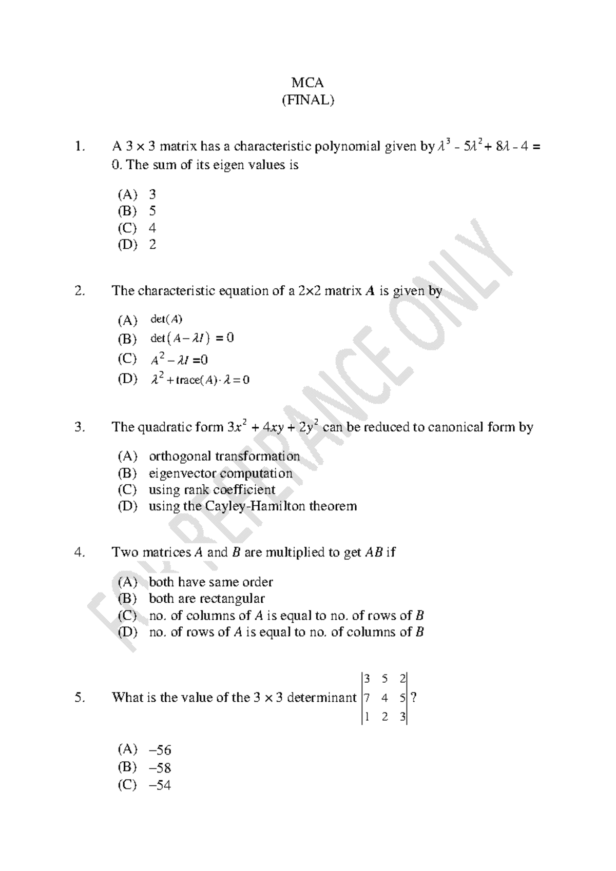 2025MCA - Final Exam Question Paper on Matrix Algebra and Calculus ...