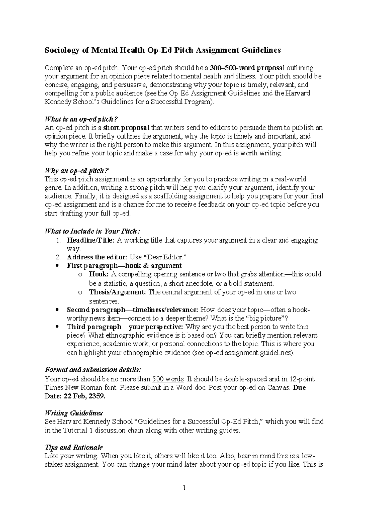 Sociology of Mental Health: Op-Ed Pitch Assignment Guidelines - Studocu