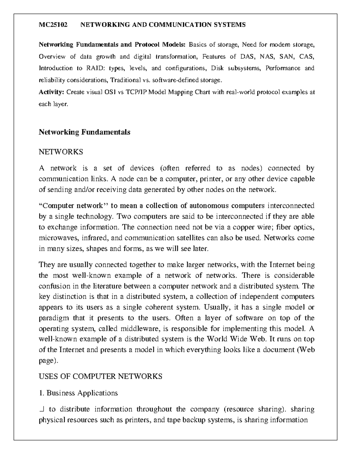 MC25102 Networking and Communication Systems: Unit 1 Overview - Studocu